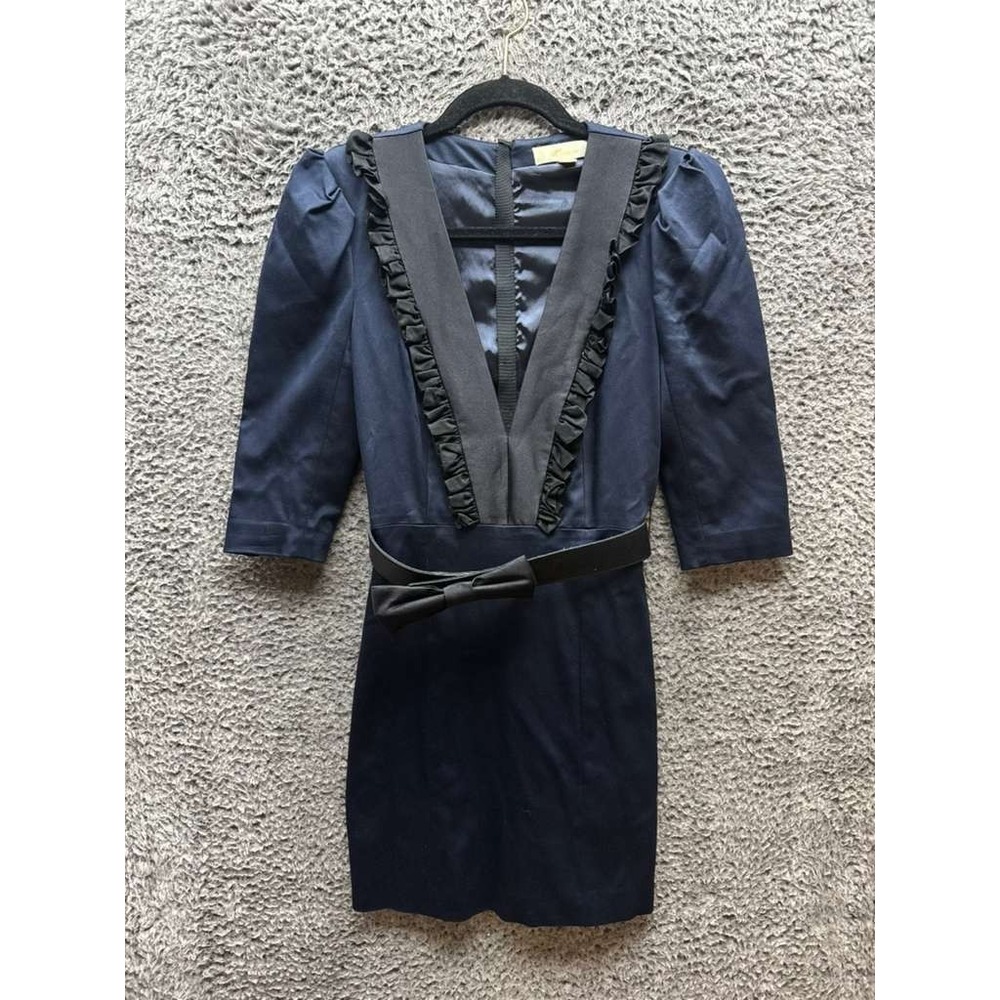 Erin Fetherston V-Neck 3/4 Sleeve Belted Mini‎ Dress Navy Blue Women Size 2